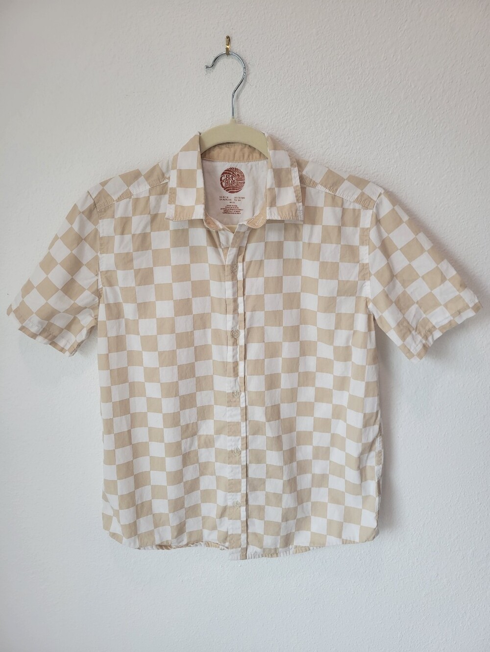 C&C California Boys XL Checkered Button Up White Beige Cotton Minimalist Shirt